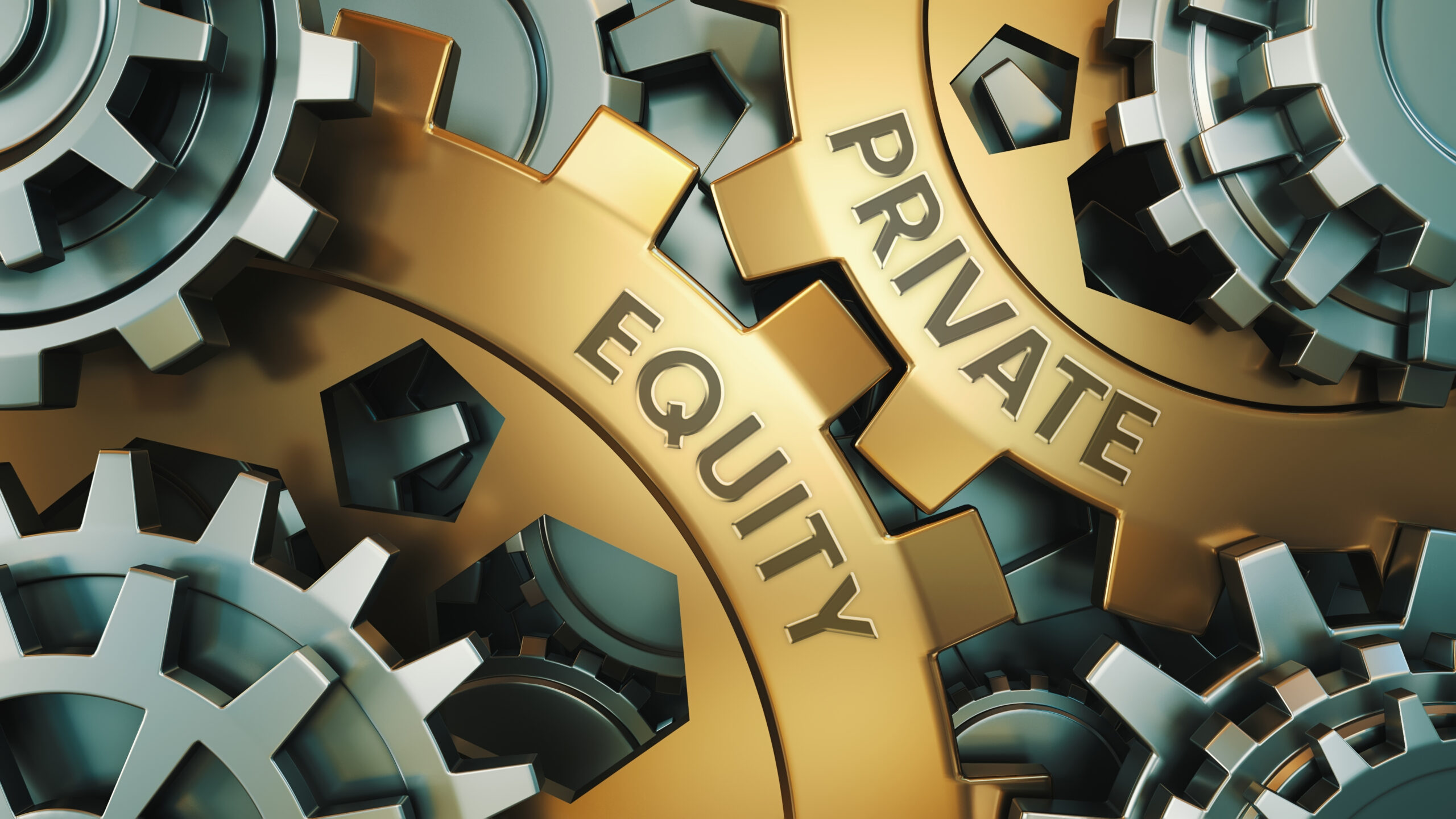 PRIVATE EQUITY concept. Gold and silver gear wheel background illustration. 3d render.